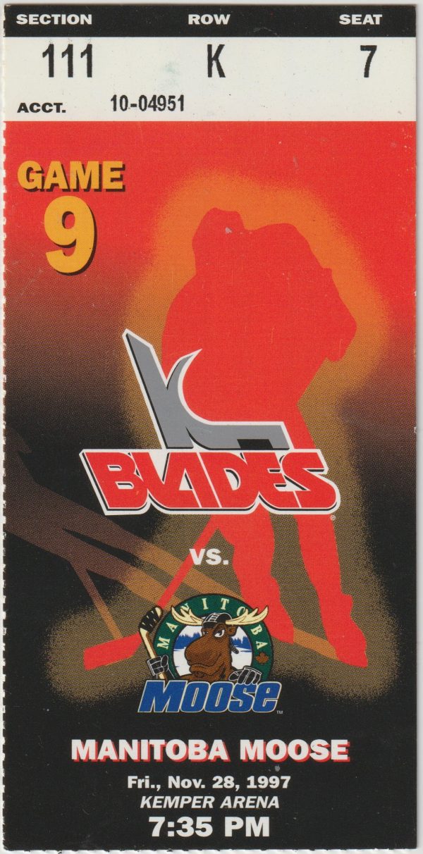 1997 IHL Kansas City Blades ticket stub vs Manitoba Moose 11/28