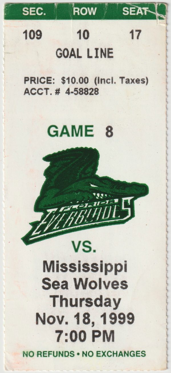 1999 ECHL Florida Everblades ticket stub vs Mississippi Sea Wolves 11/18