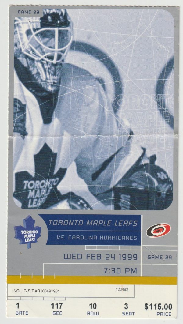 1999 Maple Leafs ticket stub vs Canes Feb 24 Mats Sundin