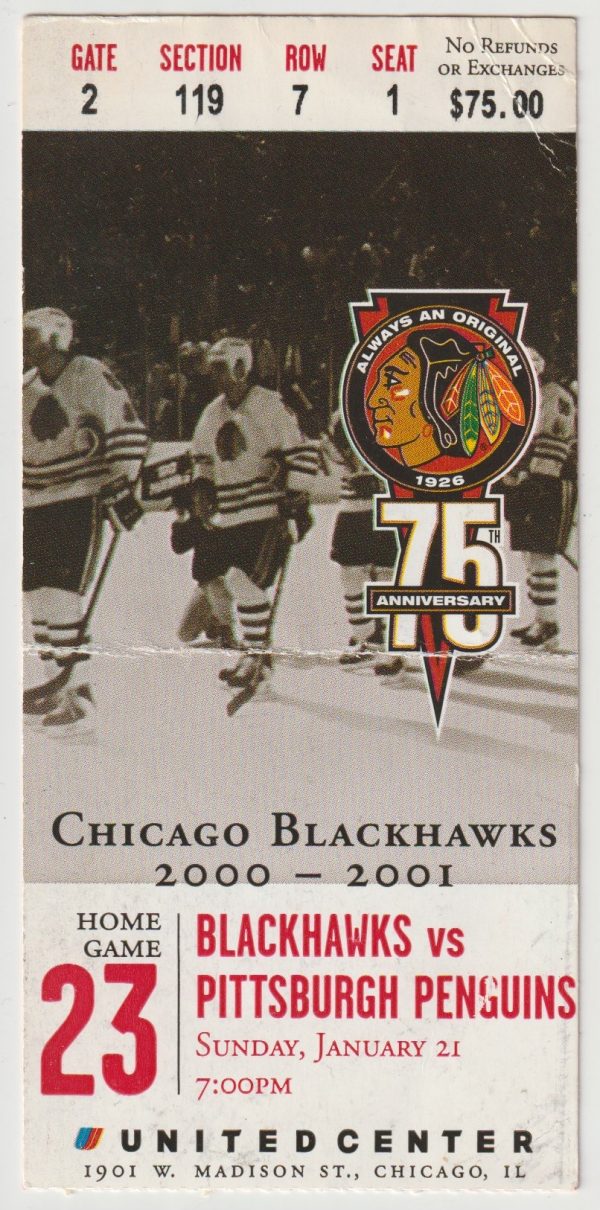 2001 Blackhawks Ticket Stub vs Penguins Jan 21 Mario Lemieux Goal