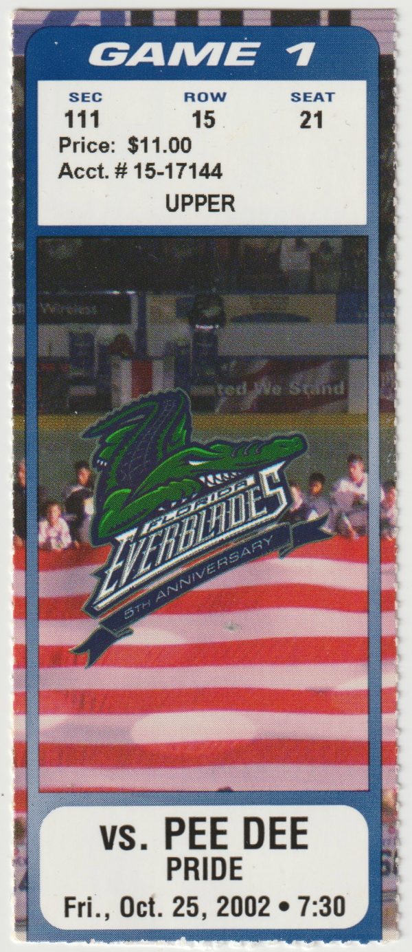 2002 ECHL Florida Everblades Opening Night Ticket Stub vs Pee Dee Pride 10/25