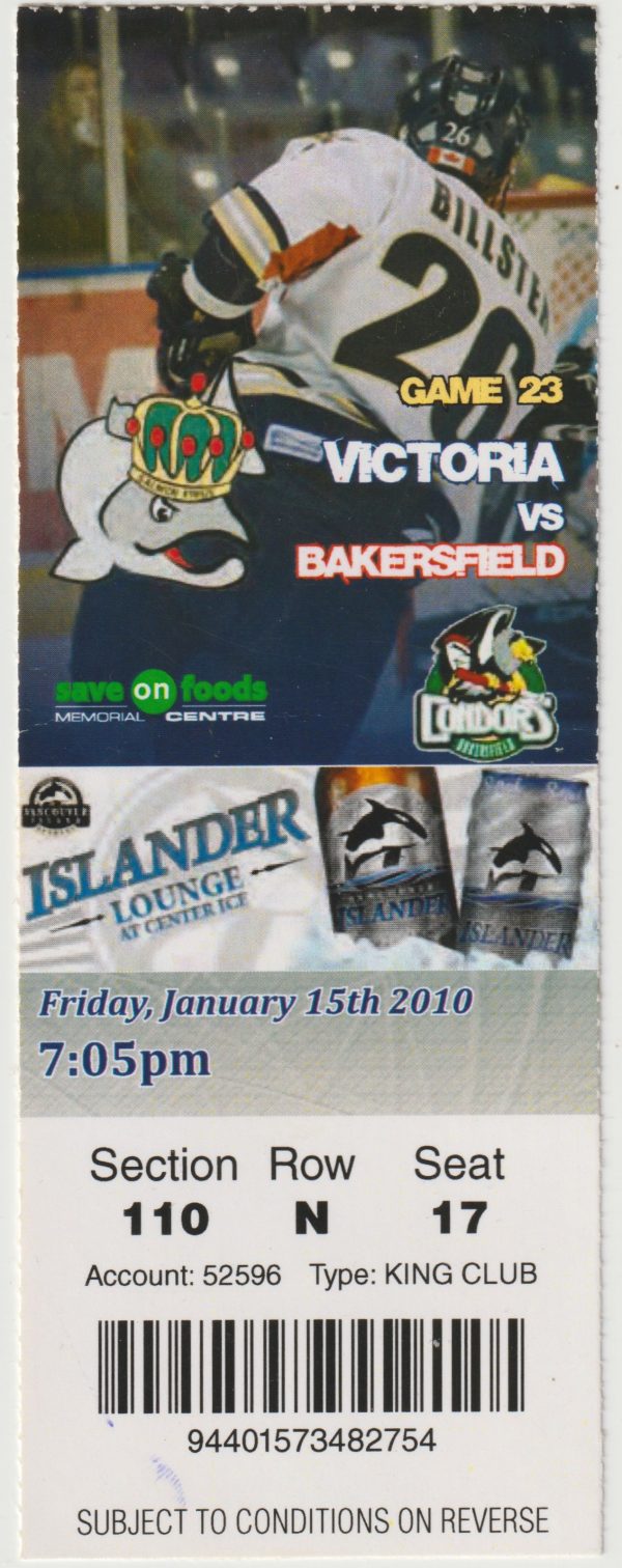 2010 ECHL Victoria Salmon Kings ticket stub vs Bakersfield Condors 1/15