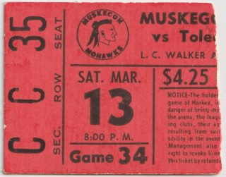 1977 IHL Muskegon Mohawks ticket stub vs Toledo Goaldiggers 3/13