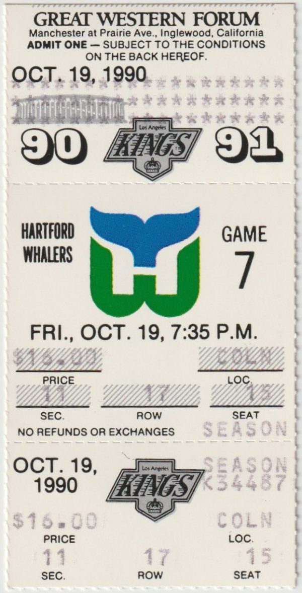 Mint 1990 Kings Full Ticket vs Whalers Oct 19 Wayne Gretzky