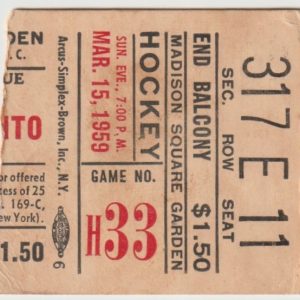 1959 Rangers Ticket Stub vs Maple Leafs Mar 15 Frank Mahovlich