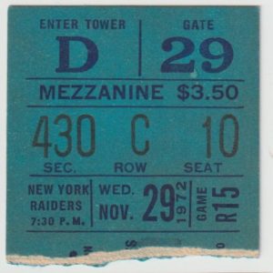 1972 WHA New York Raiders ticket stub vs New England Whalers Nov 29