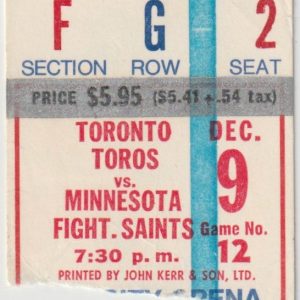 1973 WHA Toronto Toros Ticket Stub vs Minnesota Fighting Saints Dec 9 Varsity Arena