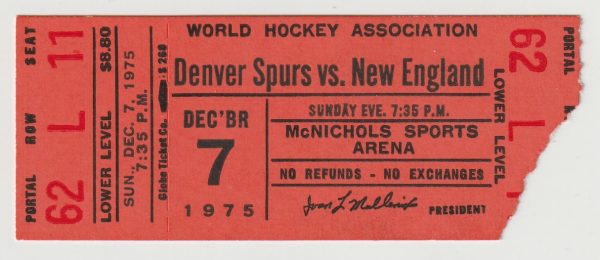 1975 WHA Denver Spurs ticket stub vs New England Whalers Dec 7