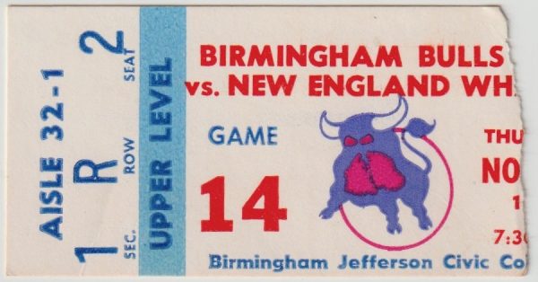 1976 WHA Birmingham Bulls ticket stub vs New England Whalers Nov 23