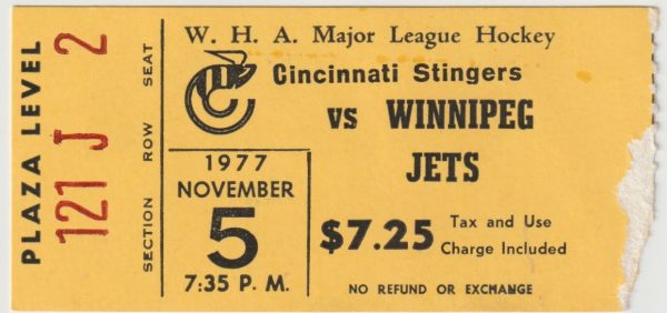 1977 WHA Cincinnati Stingers ticket stub vs Winnipeg Jets Nov 5