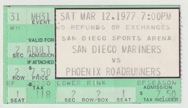 1977 WHA San Diego Mariners ticket stub Phoenix Roadrunners Mar 12