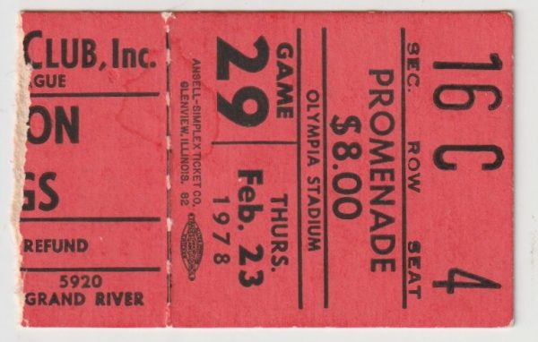 1978 Detroit Red Wings ticket stubs vs Washington Feb 23 Bob Girard