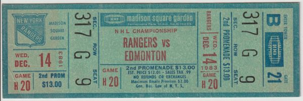 1983 Wayne Gretzky Hat Trick Full Ticket Rangers Oilers Dec 14