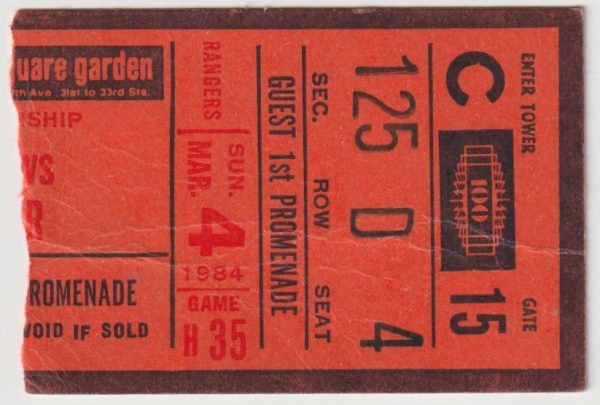 1984 Rangers Ticket Stub vs Canucks Mar 4 Stan Smyl