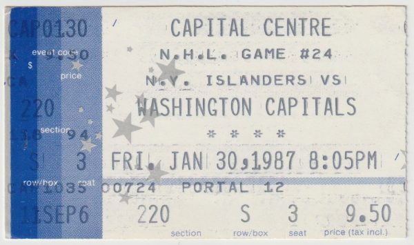 1987 Capitals Ticket Stub vs Islanders Jan 30 Mike Gartner 2 G