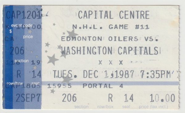 1987 Capitals Ticket Stub vs Oilers Dec 1 Gartner Kurri