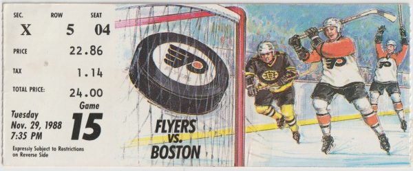 1988 Philadelphia Flyers ticket stub vs Boston Nov 29 Rick Tocchet 2 Goals