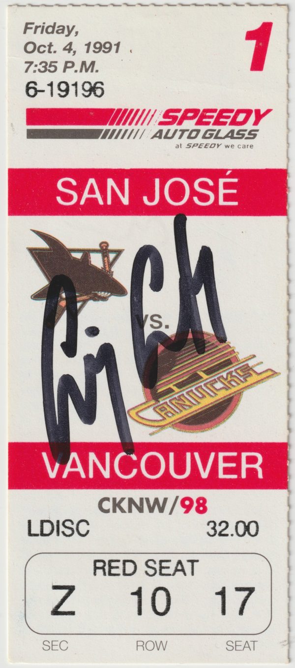 1991 Sharks 1st Game and Goal Ticket Stub Canucks Oct 4 Craig Coxe Autograph