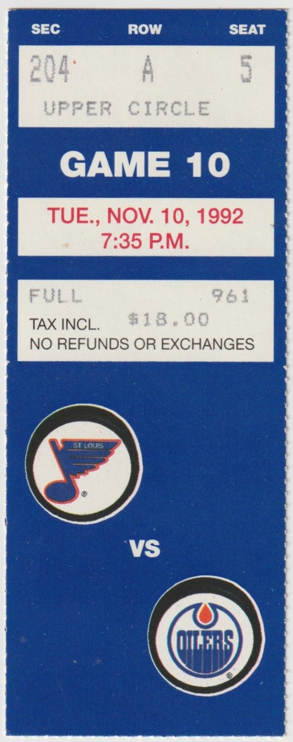 1992 Blues Ticket Stub vs Oilers Nov 10 Brett Hull