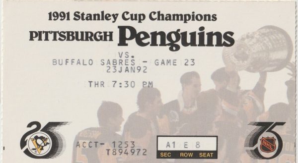 1992 Penguins Ticket Stub vs Sabres Jan 23 Hawerchuk Andreychuk