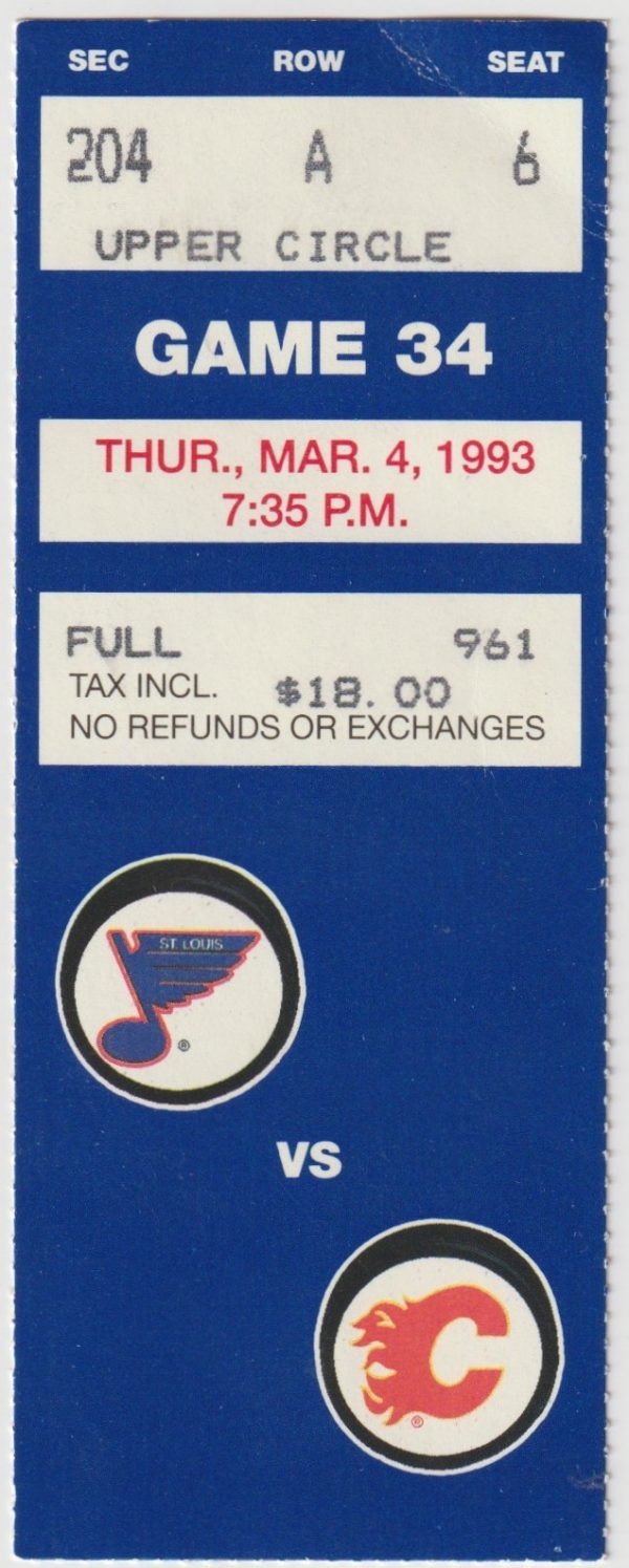 1993 Blues Ticket Stub vs Flames Mar 4 Brett Hull