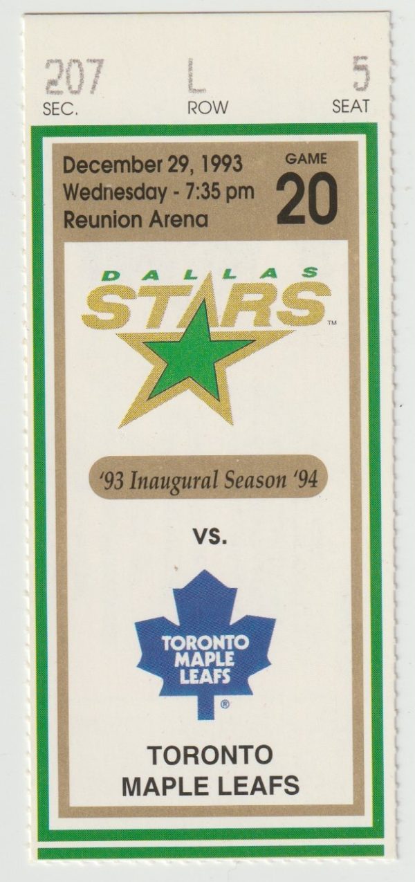 1993  Dallas Stars Ticket Stub vs Maple Leafs Dec 29 Darcy Wakaluk Shutout
