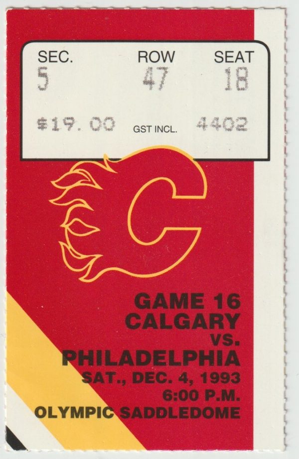 1993 Flames Ticket Stub vs Flyers Dec 4 Joe Nieuwendyk 2 G