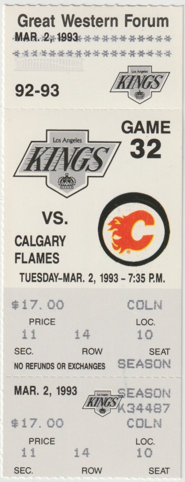 1993 Luc Robitaille Hat Trick Full Ticket Flames Mar 2 Gretzky 2 G