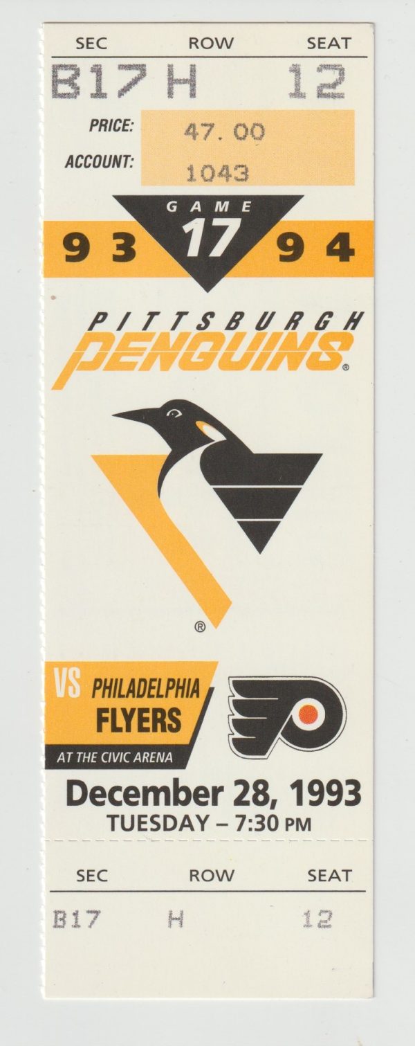 1993 Penguins Full Ticket vs Flyers Dec 28 Ron Francis