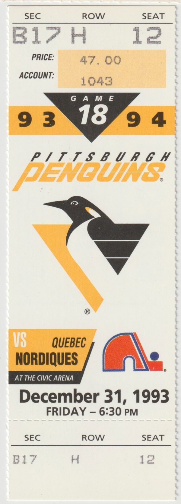 1993 Penguins Full Ticket vs Nordiques Dec 31 Mats Sundin