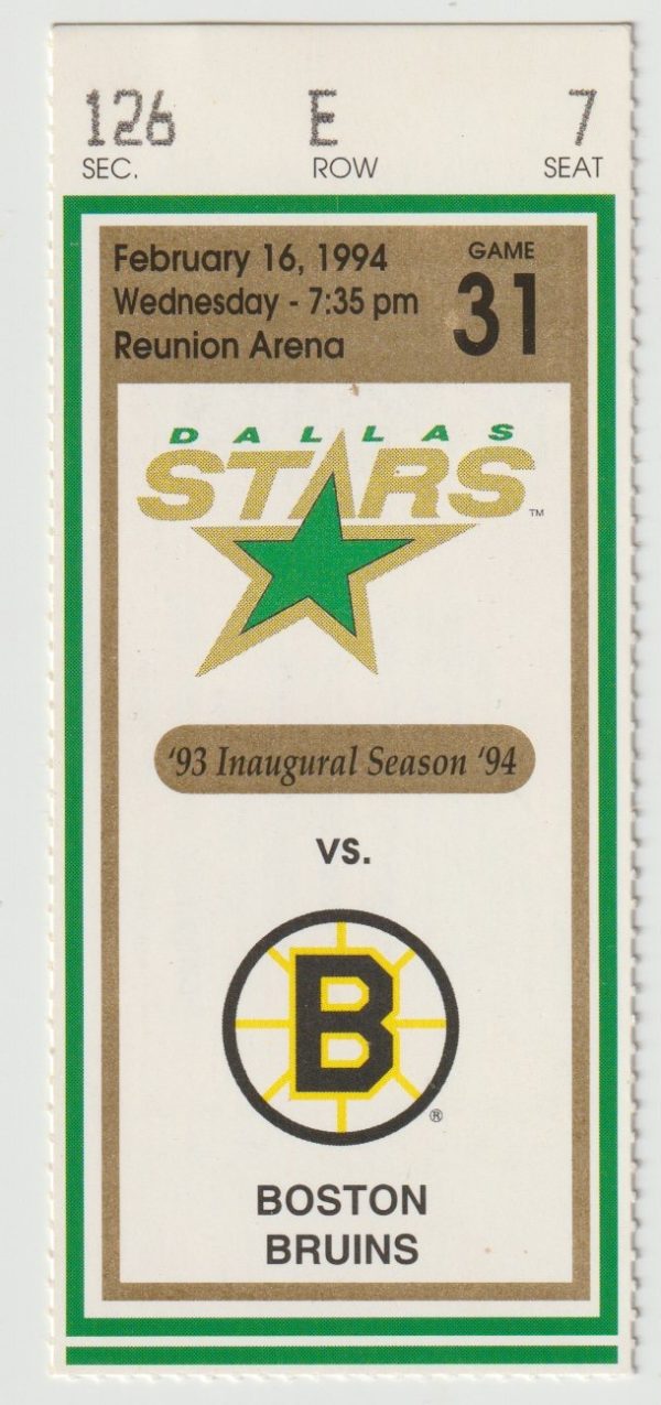 1994 Dallas Stars Ticket Stub vs Bruins Cam Neely