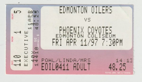 1997 Oilers Ticket Stub vs Coyotes Apr 11 Keith Tkachuk Jeremy Roenick