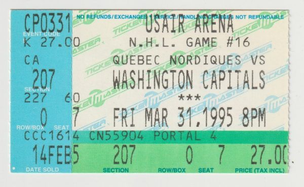 1995 Capitals Ticket Stub vs Nordiques Mar 31 Peter Bondra 2 Goals