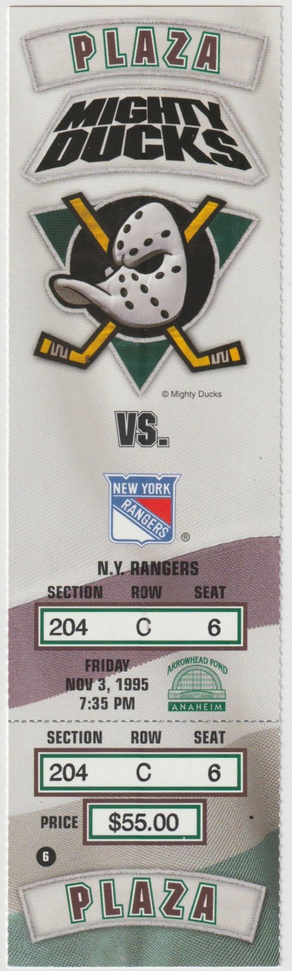 1995 Ducks Full Ticket vs Rangers Nov 3 Mark Messier Goal