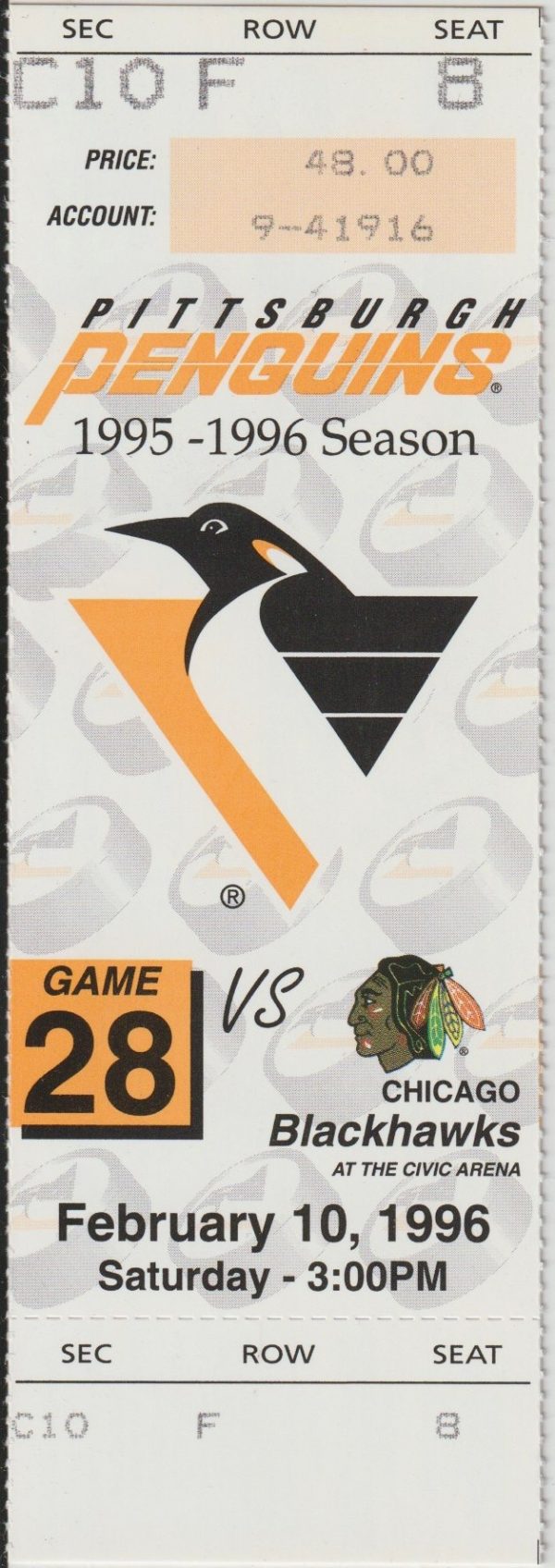 1996 Penguins Full Ticket Jagr 2 Goals  vs Blackhawks Feb 10