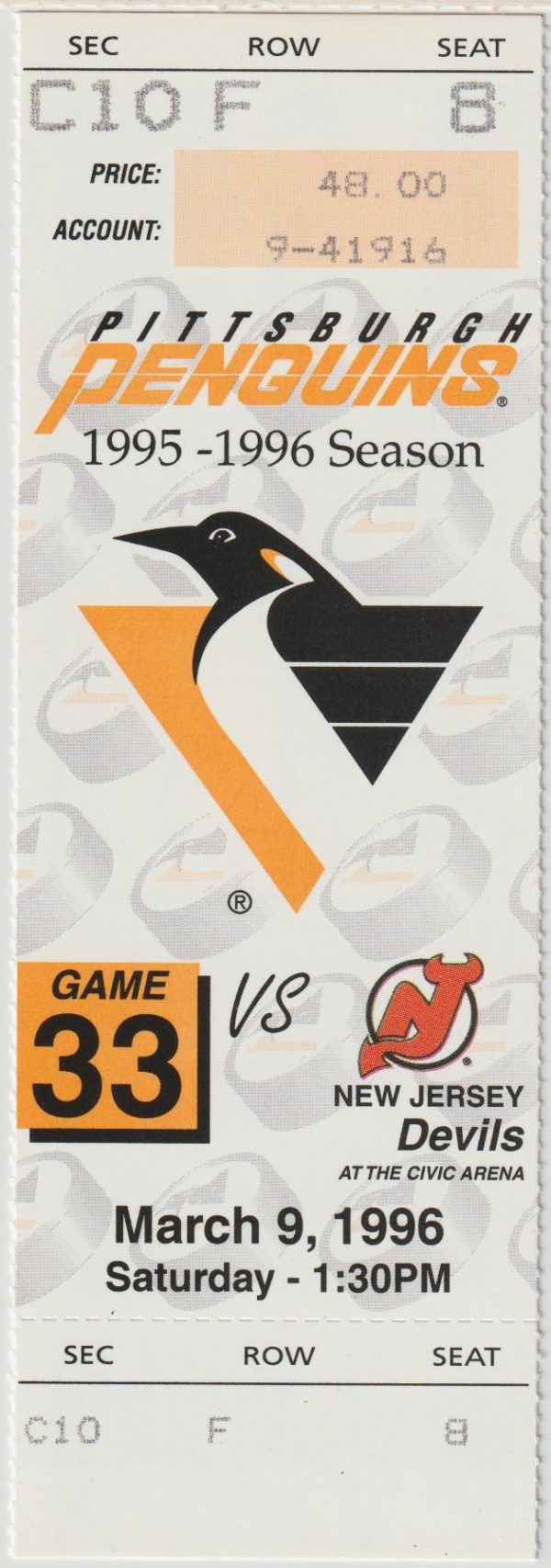 1996 Penguins Full Ticket vs Devils Mar 9 Mario Lemieux Goal