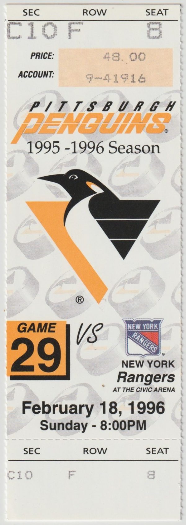 Jagr 2 Goals Full Ticket 1996 Penguins Rangers Feb 18