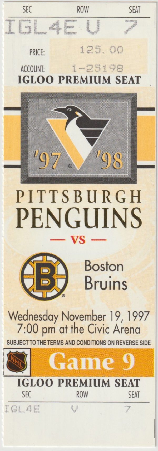 1997 Penguins Full Ticket vs Bruins Nov 19 Ray Bourque MINT