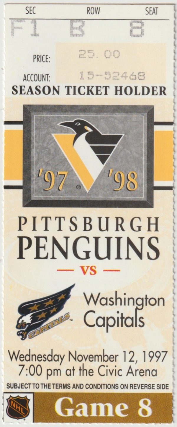 1997 Penguins Ticket Stub vs Capitals Nov 12 Bondra Oates MINT