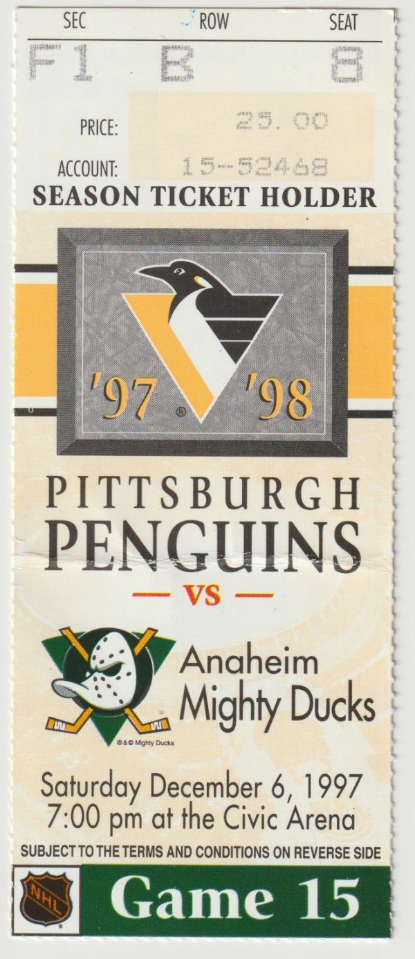 1997 Penguins Ticket Stub vs Ducks Dec 6 Jagr 2 Goals