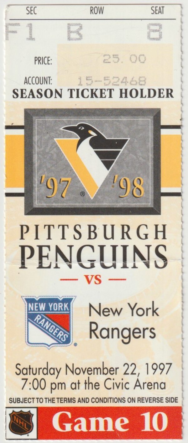 1997 Penguins Ticket Stub vs Rangers Nov 22 Jagr LaFontaine