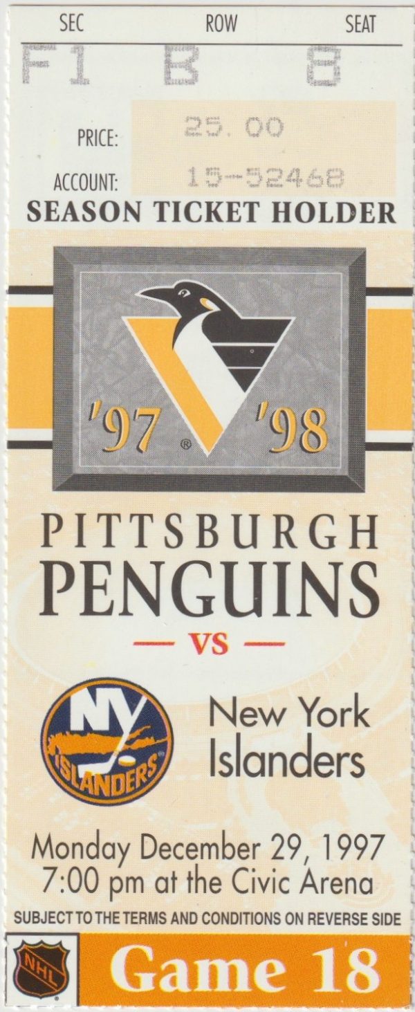 1997 Penguins Ticket Stub vs Islanders Dec 29 Ron Francis Hat Trick