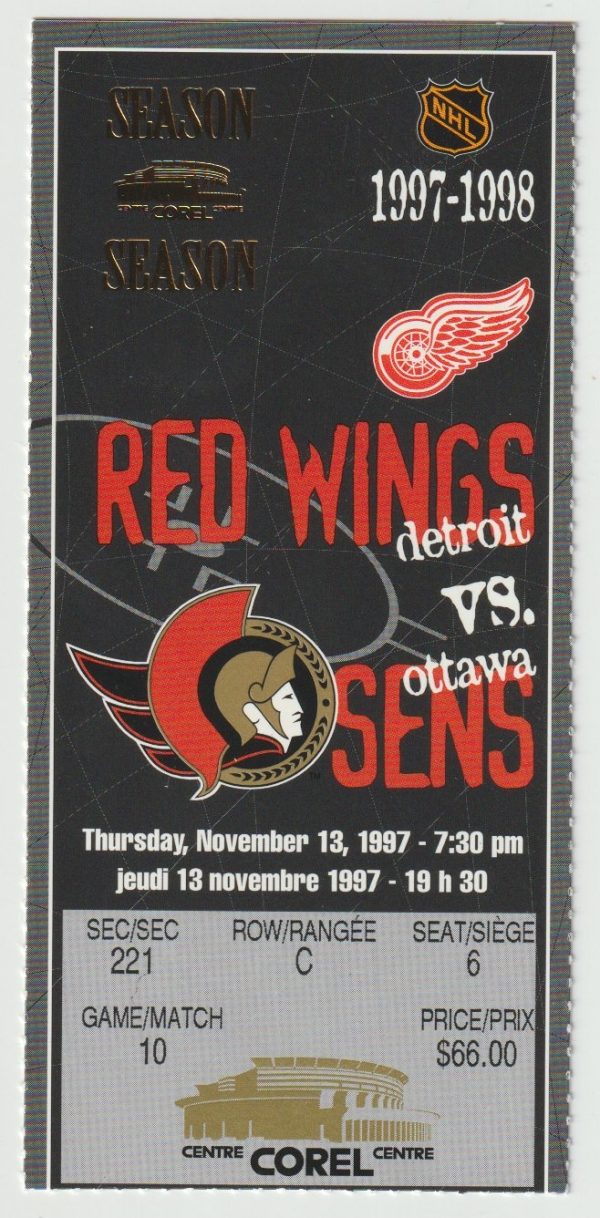 1997 Senators Ticket Stub vs Red Wings Nov 13 Steve Yzerman 2 Goals
