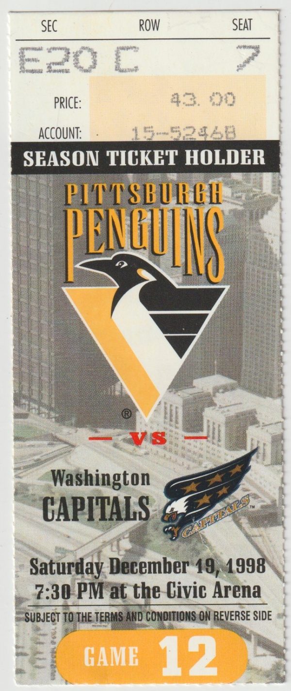 1998 Penguins Ticket Stub vs Capitals Dec 19 Jaromir Jágr