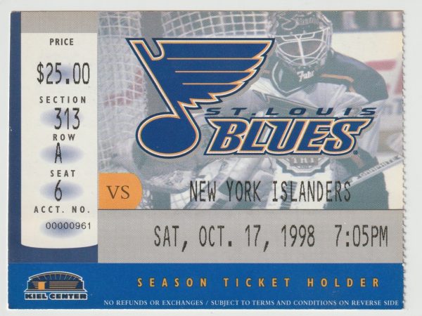 1998 Tommy Salo Shutout Ticket Stub vs Blues Oct 17 Bryan Berard