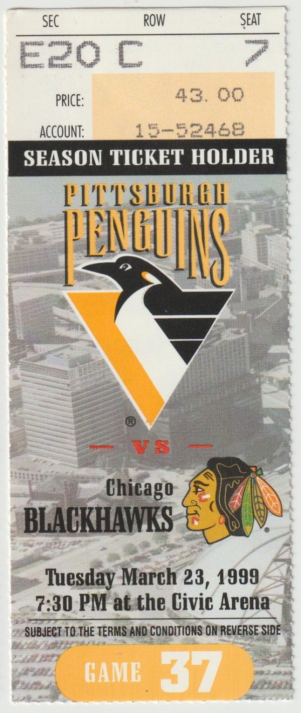 1999 Penguins Ticket Stub vs Blackhawks Mar 23 Jaromir Jagr