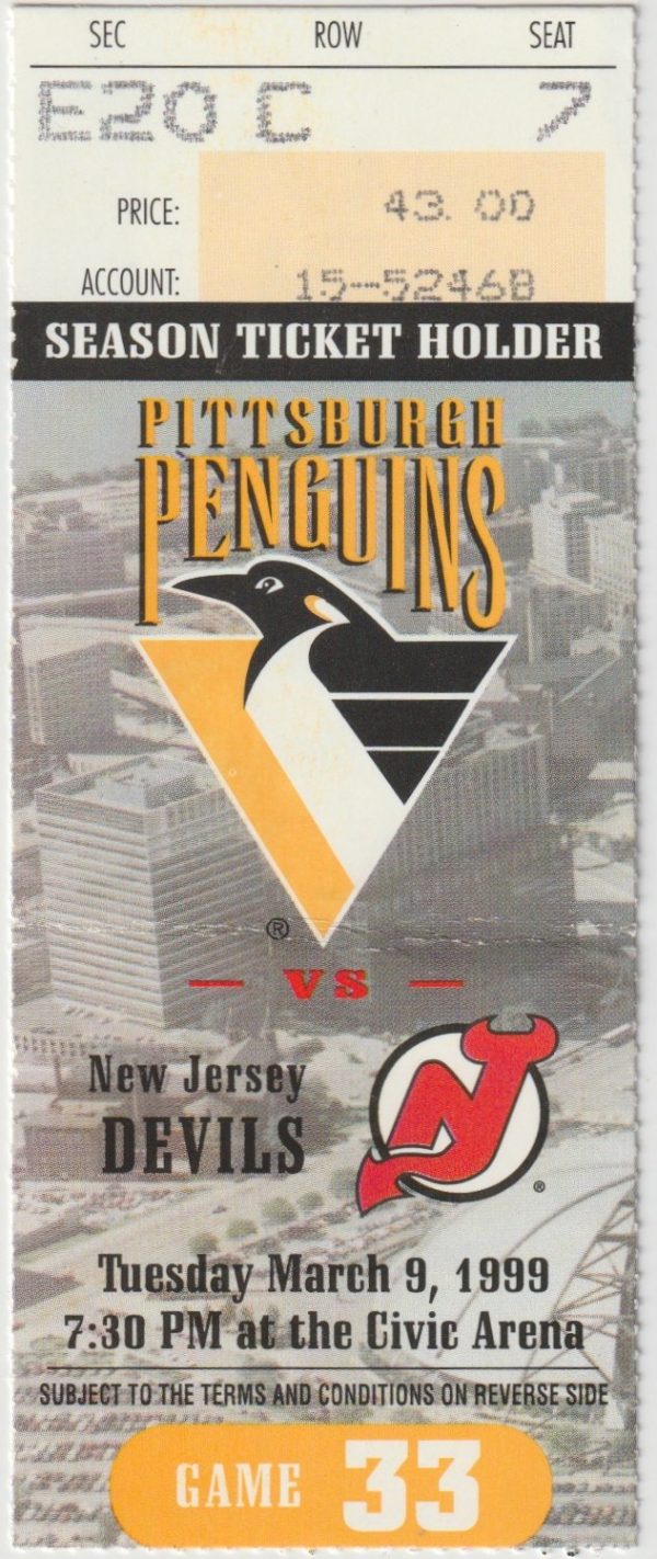 1999 Penguins Ticket Stub vs Devils Mar 9 Jagr 2 Goals