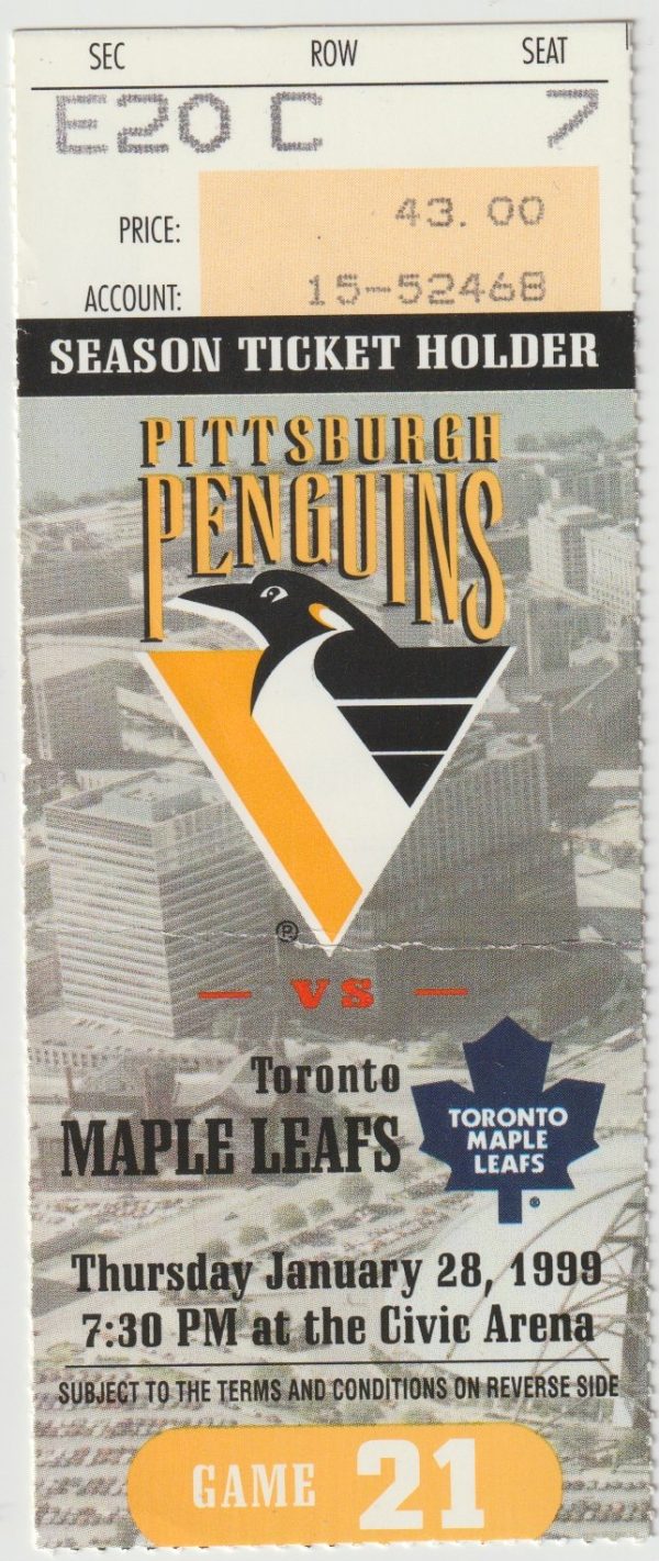 1999 Penguins Ticket Stub vs Maple Leafs Jan 28 Jaromir Jagr