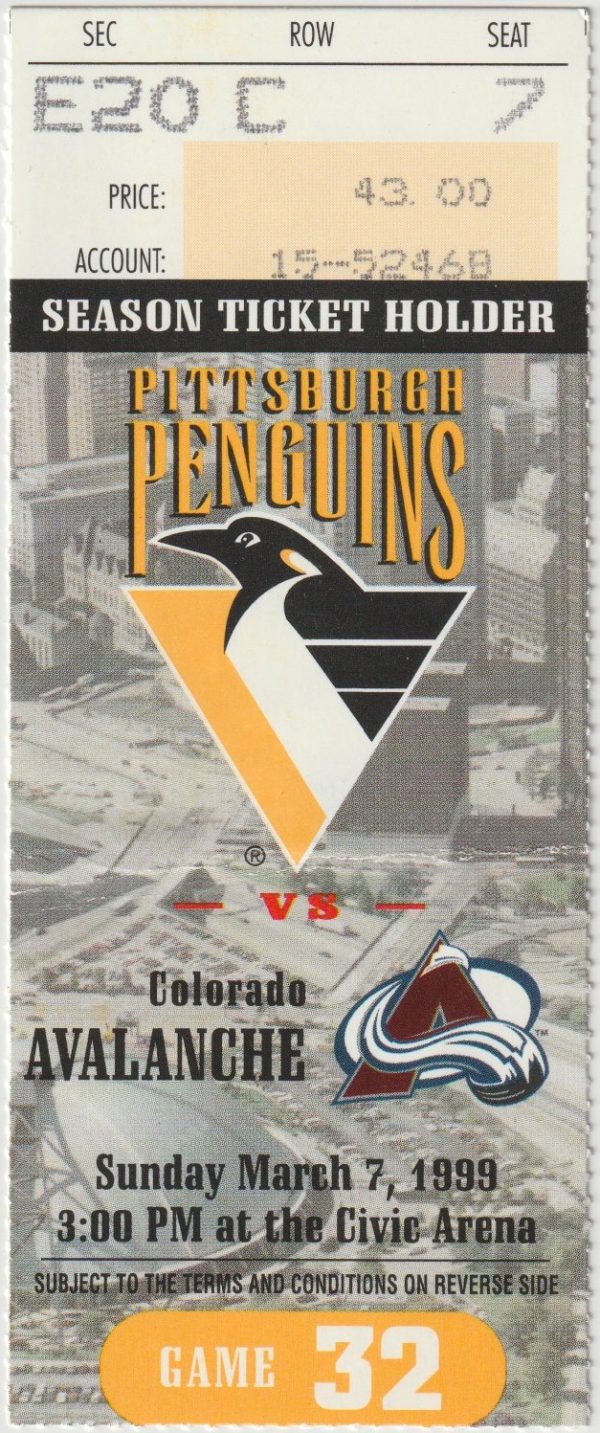 1999 Penguins Ticket Stub vs Avalanche Mar 7 Joe Sakic