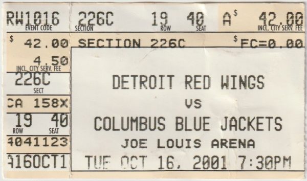 2001 Red Wings ticket stub vs Columbus Oct 16 Luc Robitaille TM